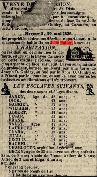 Succession of Julie POTIER(Wife of Dr GUIDRY)(Opelousas Patriot)8 May 1858